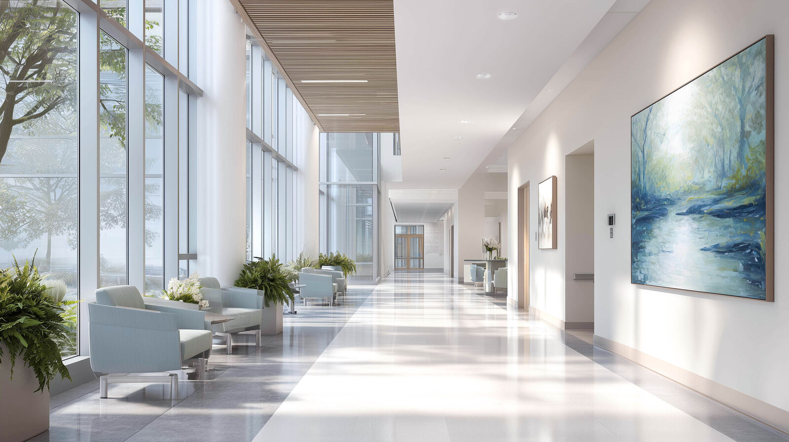 Bright, modern medical center hallway filled with natural light